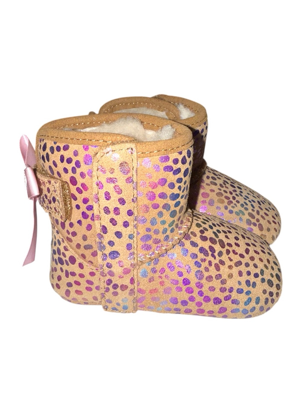 UGG infant Jessie Bow II Iridescent Tan Dot Booties with Pink Bow Accent